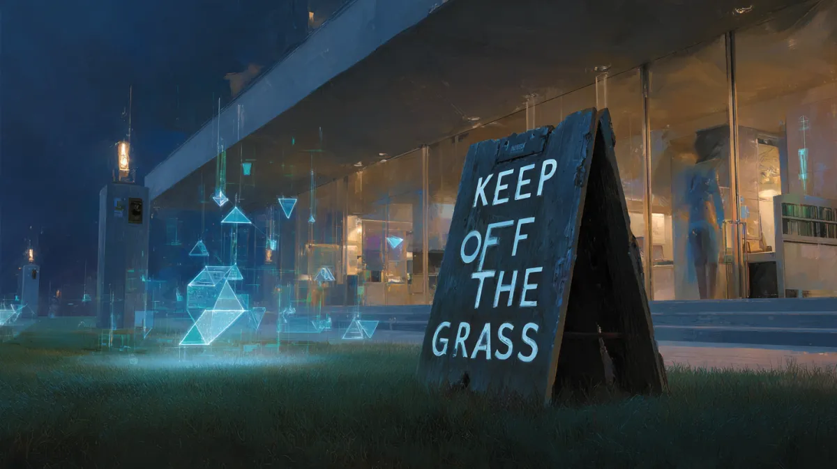 AI 봇이 robots.txt 표지판을 무시하고 기업 뉴스룸 건물을 통과하는 에디토리얼 이미지