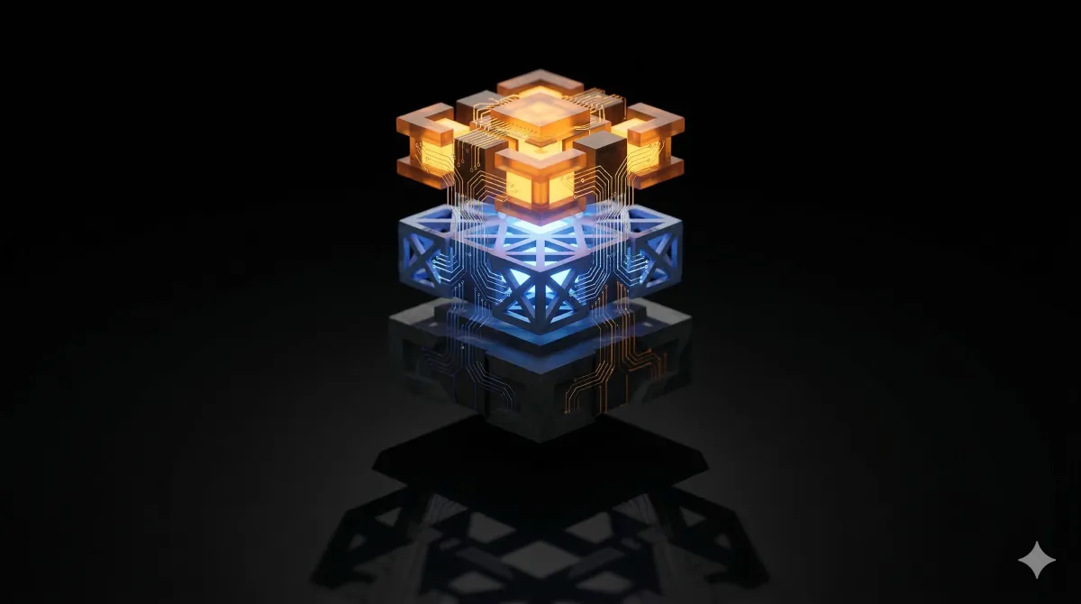 검은 배경에 떠 있는 3단 격자 구조물. 상단은 주황색, 중간은 파란색 빛을 내며, 두 색의 회로 패턴이 층을 연결한다.