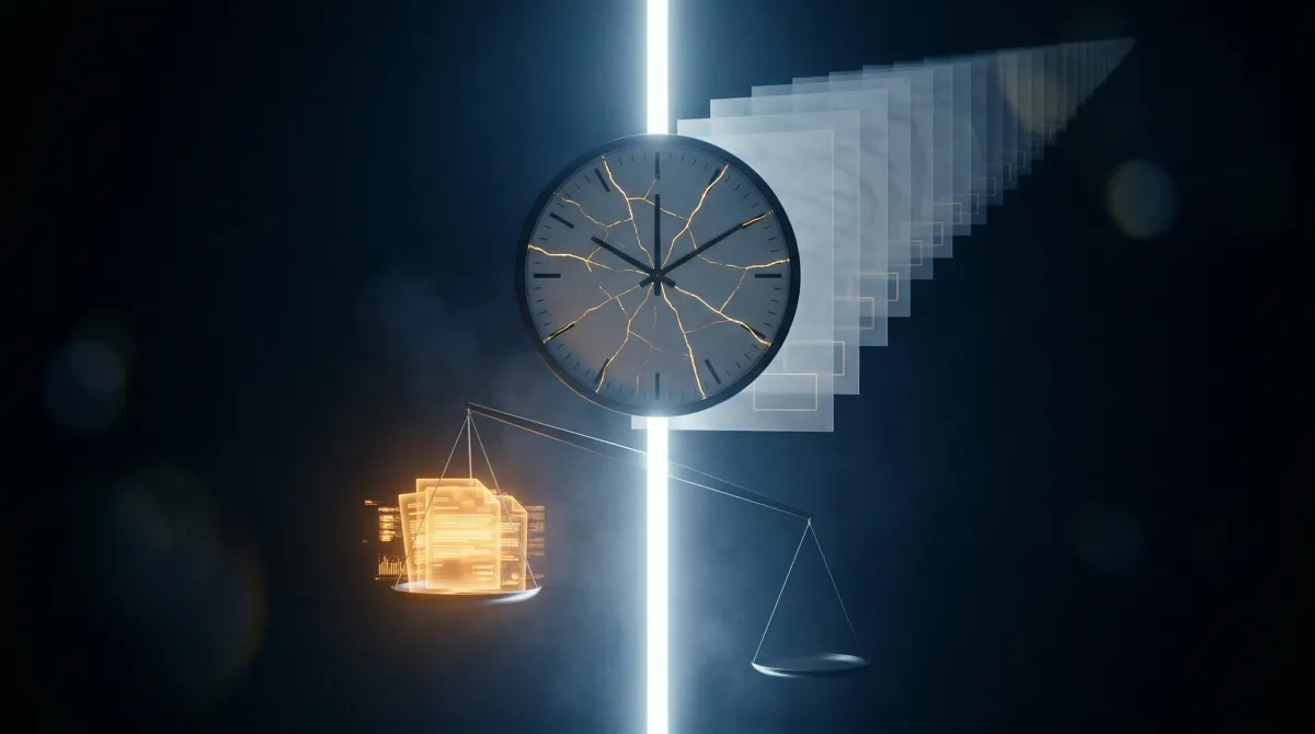 어두운 공간에 한쪽이 빈 발광 저울, 균열이 방사되는 정지된 시계, 공백 서명란의 반투명 문서들이 수직으로 쌓인 추상 구성