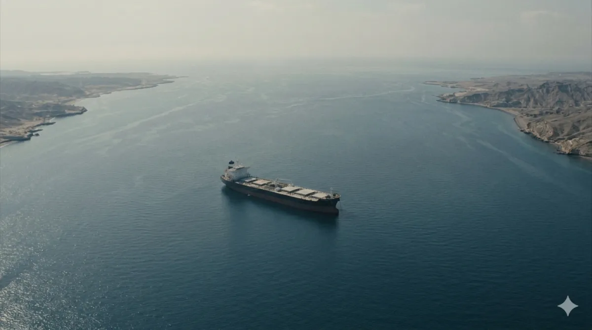 이란 봉쇄로 멈춰선 호르무즈 해협의 유조선. 빈 항로가 보이는 항공 촬영을 그린 AI 이미지 