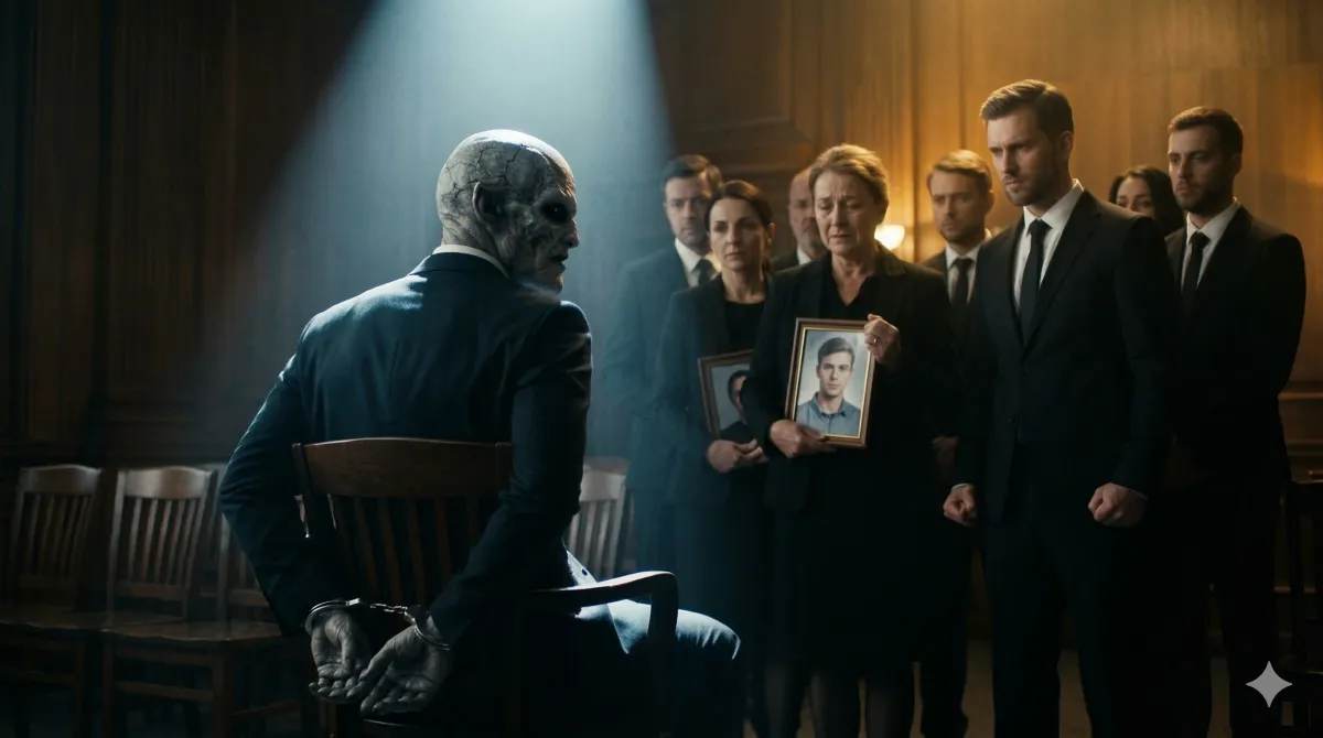 Handcuffed monster in suit back view. Spotlit grieving family with a portrait.