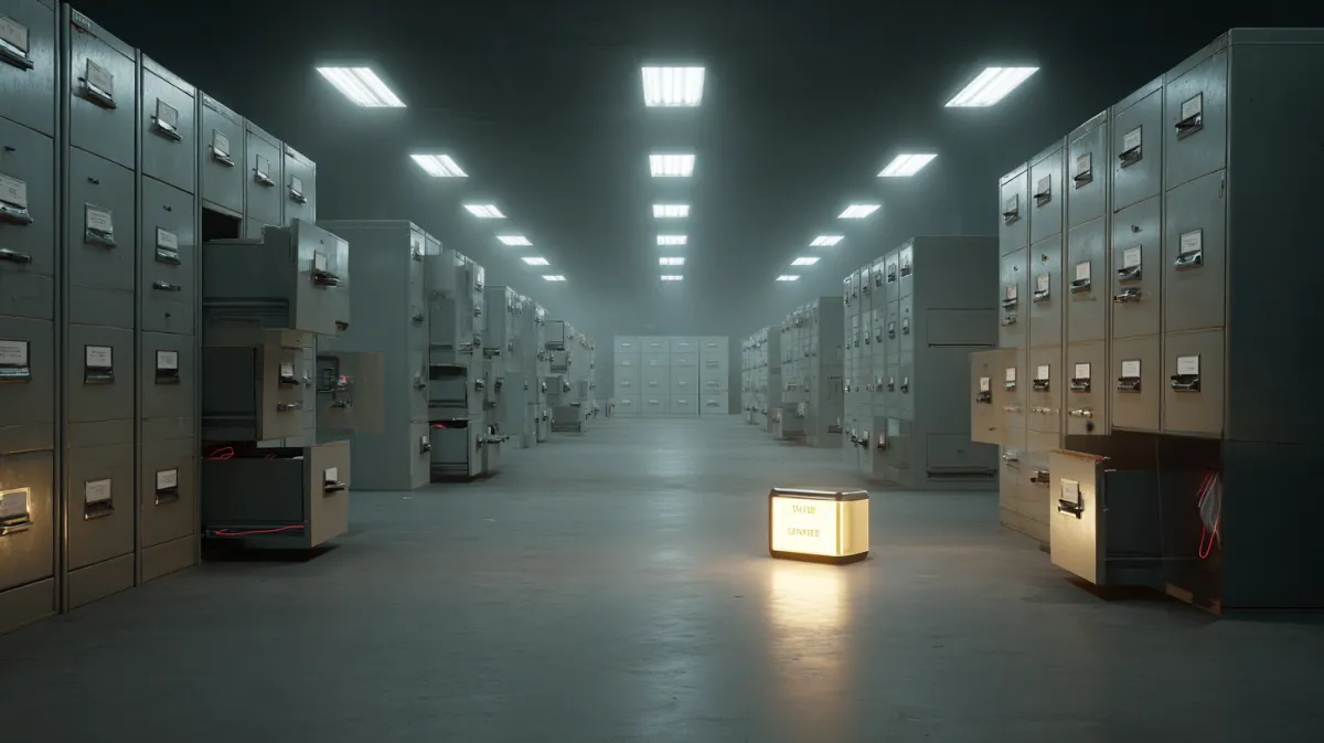 정부 기록 보관실에서 USB 드라이브로 빨려 들어가는 디지털 데이터 흐름을 시각화한 편집 일러스트레이션. DOGE-SSA 데이터 유출 스캔들 히어로 이미지.