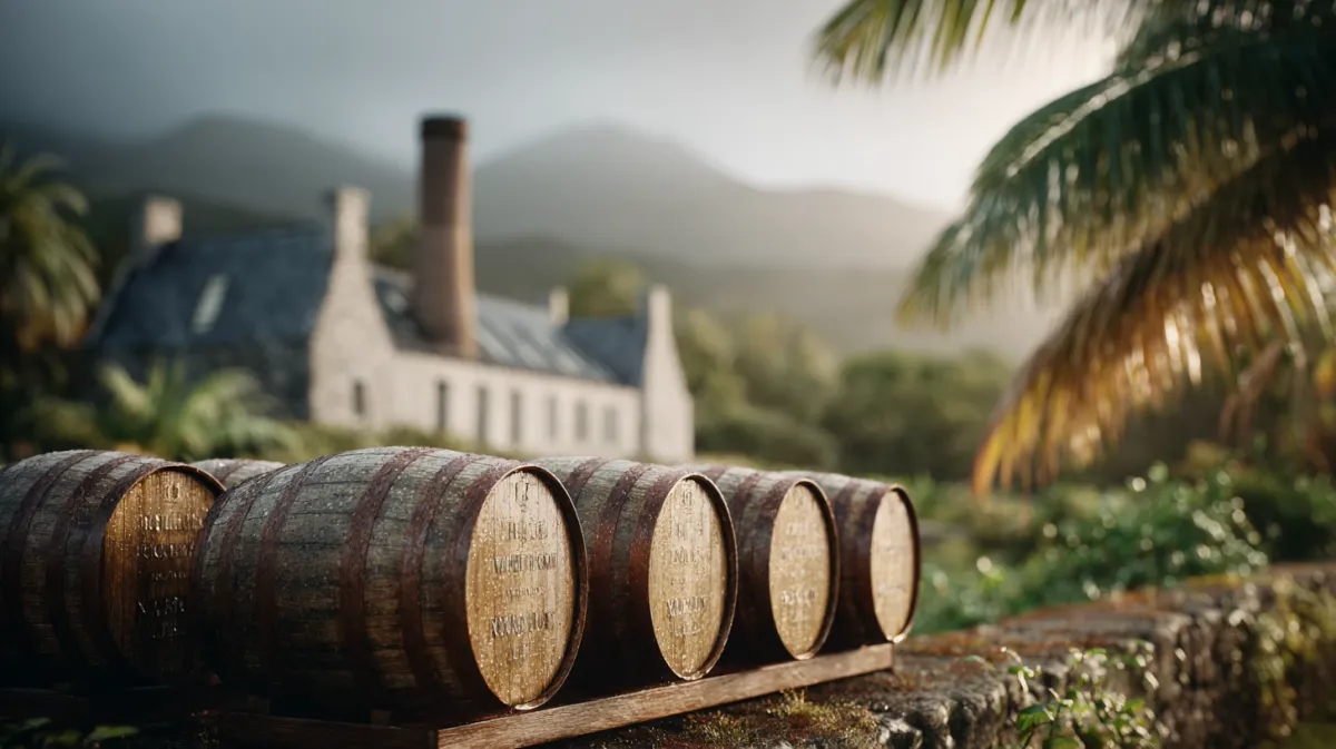 AI로 만든 열대 지역에 세운 증류소와 오크통 이미지. 인도, 대만 같은 따뜻한 나라의 위스키가 주목받고 있음을 상징한다. 