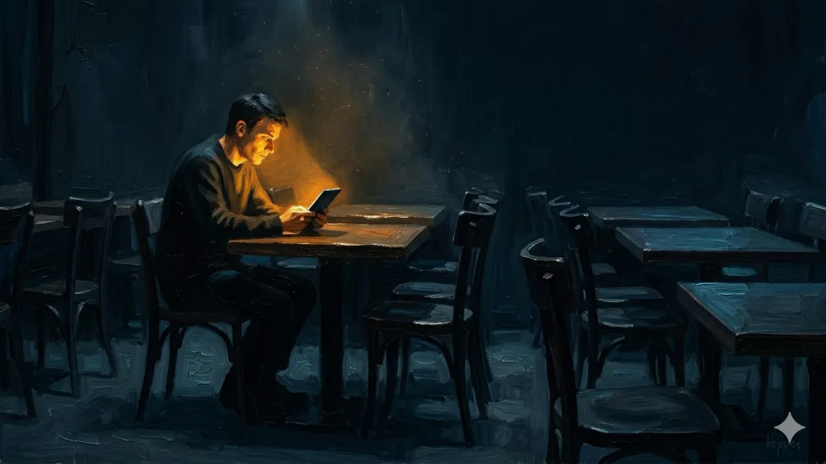 빈 의자들 사이 혼자 앉아 스마트폰을 바라보는 인물. 호퍼 화풍의 유화. 디지털 기기의 빛만이 얼굴을 밝히는 도시의 고독.