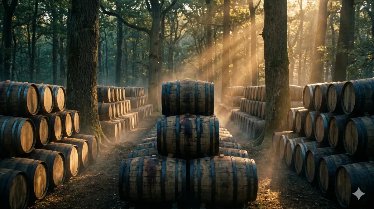 울창한 참나무 숲 깊숙한 곳, 나무 사이로 스며드는 극적인 햇살과 옅은 안개 속에 여러 겹으로 대칭적으로 쌓인 수많은 나무 오크통들.