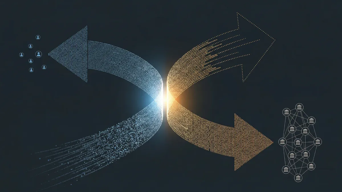 EU AI 저작권 결의안의 핵심 조항인 반박 가능한 추정 원칙을 추상화한 일러스트레이션. 법률 텍스트와 데이터 파티클로 구성된 대형 화살표가 왼쪽(개인 창작자 방향)에서 출발해 중간 지점에서 꺾여 오른쪽(AI 기업 방향)으로 방향을 바꾼다. 꺾이는 지점은 집중 조명으로 강조되며 반박 가능한 추정 원칙의 법적 효력을 나타낸다. 