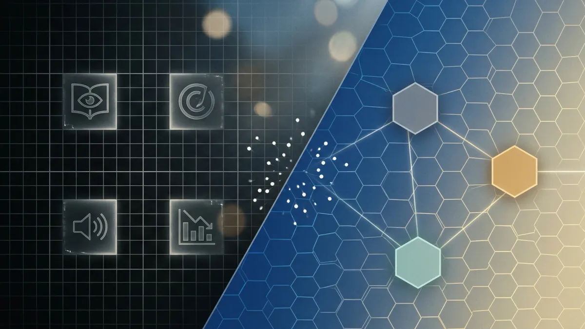 두 개의 대각 평면이 교차하는 추상 이미지. 좌측의 격자 구조는 공정이용의 법적 틀을, 우측의 헥사곤 메시와 세 개의 색채 노드는 공정생성의 법적·경제적·기술적 공정성 3층 구조를 상징한다. 경계면에서 발산하는 백색 점들은 해석으로 지워지지 않는 스터번 팩트를 나타낸다.