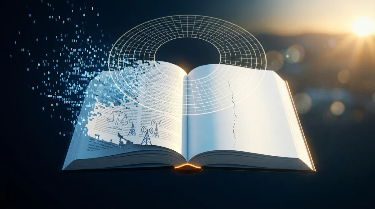 생성형 AI 저작권 공정이용 안내서의 구조적 공백을 추상화한 일러스트레이션. 책의 왼쪽 페이지는 텍스트가 이진 데이터 스트림으로 분해되며 AI 학습 데이터 추출을 상징하고, 오른쪽 페이지는 의도적으로 비어 있다. 중앙에 투명한 규제 격자가 책을 덮고 있으나 핵심부는 공허하다. 