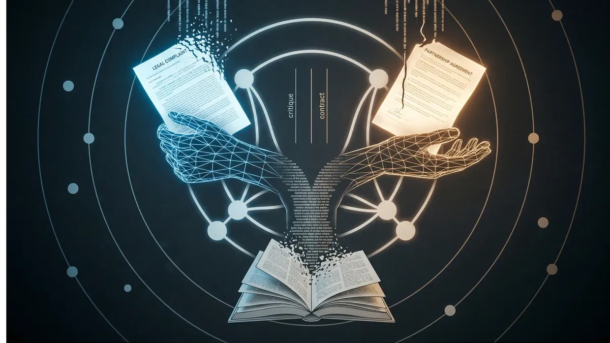 언론사의 AI 기업 비판과 파트너십 동시 진행 구조를 추상화한 일러스트레이션. 같은 몸체에서 뻗어나온 두 손이 각각 저작권 소송 문서(냉청색)와 파트너십 계약서(호박색)를 쥐고 있으며, 두 문서는 공통의 아카이브 데이터 스트림에서 공급된다. 배경의 동심원은 대형 기관과 개인 창작자 사이의 협상력 비대칭 구조를 나타낸다.