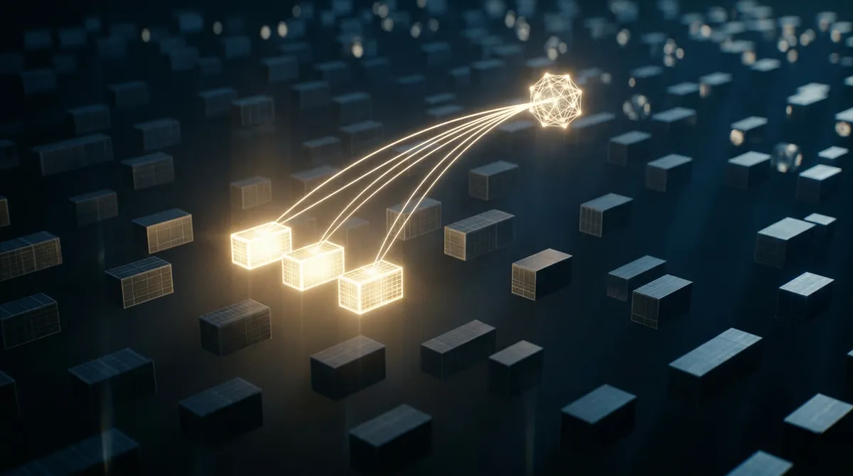 어두운 디지털 공간에 떠 있는 수백 개의 데이터 블록 중 세 개만 황금빛으로 빛나며 위쪽 네트워크 노드와 발광 선으로 연결된 추상 구성