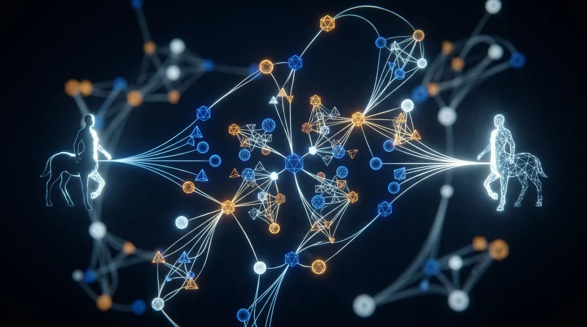 어두운 배경의 복잡한 네온 데이터 네트워크. 양끝에 인간과 AI의 융합을 상징하는 두 개의 네온 와이어프레임 켄타우로스 실루엣이 있으며, 파란색과 호박색 기하학적 노드로 구성된 네트워크와 연결되어 있다.
