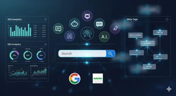 2025년 AI검색 시대, 구글과 네이버의 알고리즘 변화와 메타태그 최적화 전략을 시각화한 디지털 인포그래픽
