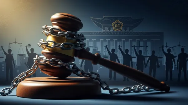 사법부의 절대적인 권한과 사법 개혁을 위한 시민들의 노력을 상징하는 편집 일러스트레이션. 쇠사슬에 묶인 거대한 망치와 정의의 저울을 든 시민들의 실루엣이 묘사되어 있습니다.