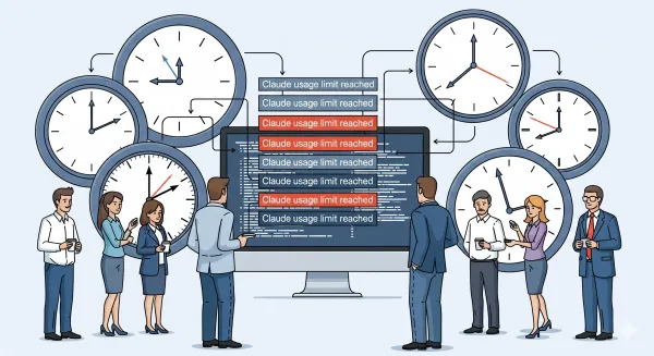 A digital illustration showing people with clocks looking at a “Claude usage limit reached” message, symbolizing AI constraints and uncertainty.