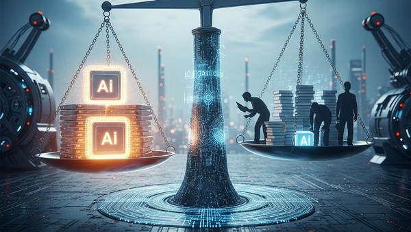 미래 산업 현장에서 AI 기술과 인간 노동의 가치를 저울질하는 상징적인 이미지. 기술 발전의 양면성과 AI 시대의 사회적 질문을 던진다.