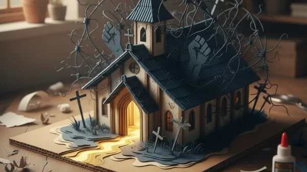 한국교회가 정치와 극우 신앙의 그림자에 가려진 모습을 상징적으로 표현한 이미지.