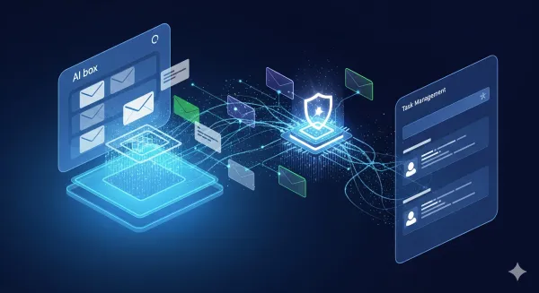 이메일을 AI가 자동으로 처리하는 장면을 표현한 미래적 일러스트, 매너스 AI의 편의성과 데이터 보안 이슈 강조. image by gemini