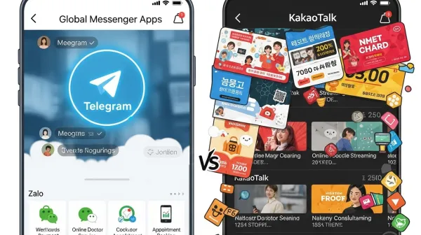 글로벌 메신저 앱(텔레그램, 위챗, 잘로)의 성공과 광고로 복잡해진 카카오톡을 대조하는 미래적인 분할 화면 일러스트레이션