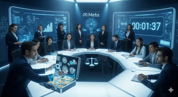 A symbolic image of Meta’s AI talent war, showing executives and researchers in a meeting, highlighting the pitfalls of speed, fairness, and collaboration.