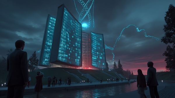 메타 슈퍼인텔리전스 랩스를 상징하는 미래형 기업 건물 - 푸른 디지털 데이터 스트림과 붉은 경고등이 켜진 거대한 AI 연구 시설을 바라보는 사람들의 실루엣, 사이버다인 시스템즈를 연상시키는 섬뜩한 분위기