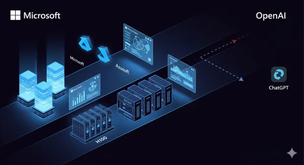 Blue futuristic image of Microsoft MAI models with data center and Copilot UI, symbolizing independence from OpenAI and enterprise AI efficiency