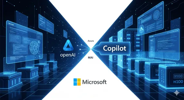 파란 톤 데이터센터와 Copilot UI가 배경인 마이크로소프트 MAI 독립 상징 일러스트로, OpenAI와 갈라지는 길과 효율성 중심 기업용 AI 전략을 강조한 이미지