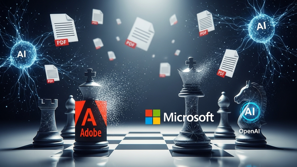 현대적인 유리 테이블 위에서 진행 중인 체스 게임을 보여주는 개념적인 비즈니스 일러스트레이션. 체스 말은 기업 로고와 AI 기호로 재해석되다.