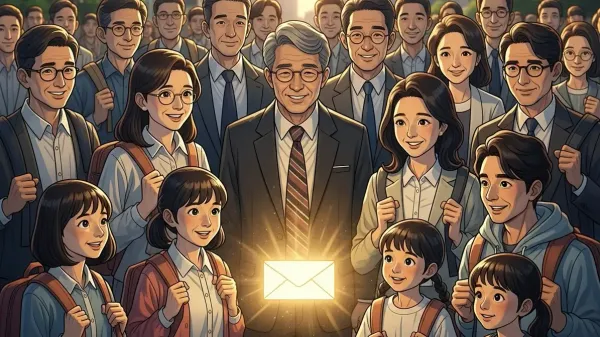 다양한 연령대의 현대 한국인들이 평화로운 도심 광장에 모여 희망에 찬 얼굴로 빛나는 노란 봉투를 바라보는 따뜻한 일러스트레이션. 단결, 희망, 사회적 연대를 표현