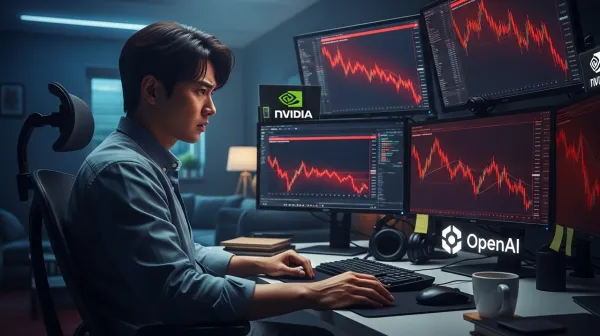 한국인 투자자가 NVIDIA와 OpenAI 로고가 보이는 여러 화면에서 하락하는 주식 차트를 걱정어린 눈으로 보는 모습