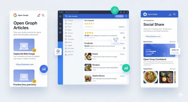 AI 검색 결과의 리치 리절트와 소셜 미리보기를 함께 보여주는 대시보드형 일러스트, Schema.org와 Open Graph 최적화, 구조화된 데이터와 AI SEO 강조