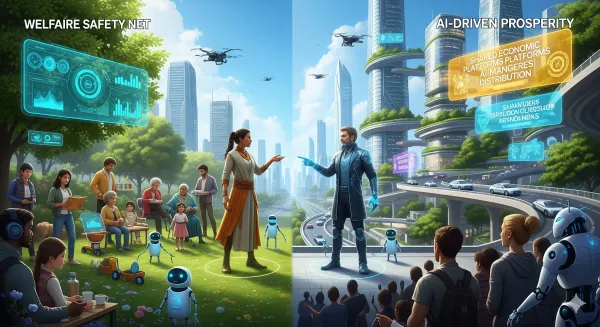 AI 시대 기본소득 논쟁을 상징적으로 표현한 이미지로, 사회안전망과 AI가 창출한 풍요를 대비시킨 미래적 일러스트.