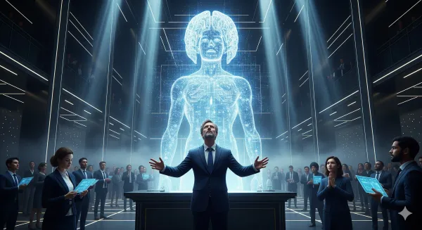 실리콘밸리 AI CEO들이 성전 같은 공간에서 디지털 신을 숭배하는 의례 장면을 묘사한 이미지로, 미래 종교와 기술 결합을 상징하는 모습.