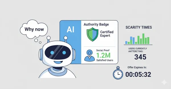 권위·사회적 증거·희소성 등 설득 기제를 활용한 인간적인 AI의 심리 조작 위험을 경고하고 5가지 방어법을 제시하는 웹 히어로 일러스트