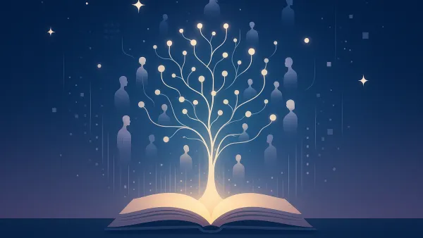 Alfred North Whitehead의 과정철학에서 영감을 받은 인공지능과 인간 경험의 융합. 열린 책에서 자라나는 빛나는 신경망 나무가 별들, 데이터 스트림, 그리고 인간의 실루엣들을 연결하며 과학과 철학, 디지털과 유기적 형태의 조화로운 통합을 표현한다.