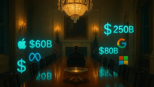 백악관 국빈 만찬실에서 한 인물이 긴 테이블 끝에 앉아 있고, 공중에는 수백억 달러 규모의 홀로그래픽 숫자와 애플, 메타, 구글, 마이크로소프트 로고가 떠다니며 권력과 부의 상징적 장면을 연출한다.