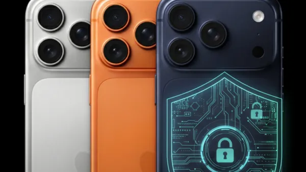 아이폰17의 메모리 보안 기능 MIE를 상징하는 디지털 방패와 스마트폰 이미지, 스파이웨어 차단 강조