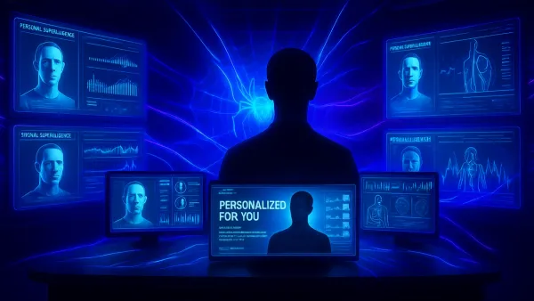 메타의 개인적 초지능 조작 시스템을 보여주는 미래형 통제실. 마크 저커버그의 실루엣이 개인 프로필, 감정 상태, 행동 패턴을 분석하는 홀로그램 화면들 앞에 앉아 있고, 뇌 스캔부터 쇼핑 습관, 사적인 순간까지 개인 데이터가 빛의 흐름으로 연결되어 조작당하는 모습을 차가운 파란색과 불길한 보라색으로 표현한 하이테크 조작 센터