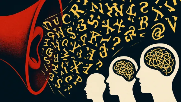 언어 조작과 인식 혼란을 표현한 초현실적 이미지, 확성기에서 나온 왜곡된 알파벳들이 사람들의 사고를 혼란시키는 모습