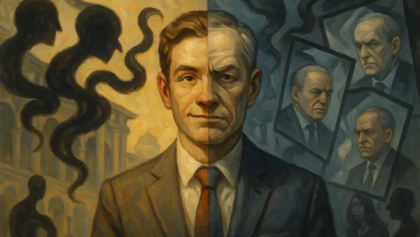 이상주의적 개혁가에서 권력 지향적 현실주의자로 변화하는 정치인의 상징적 변화를 표현한 철학적이고 심리학적인 컨셉 아트