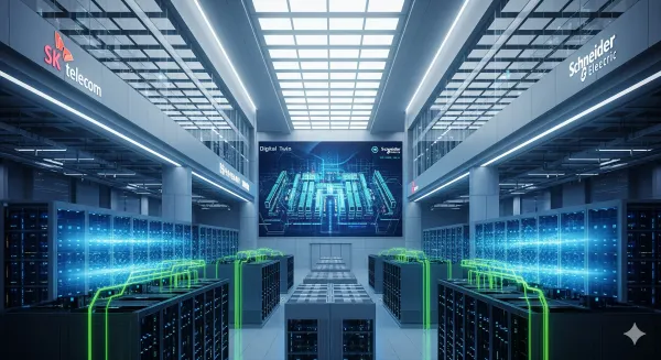 Panoramic view of SK Telecom and Schneider Electric’s AI Data Center in Ulsan, highlighting digital twin technology and eco-friendly MEP solutions