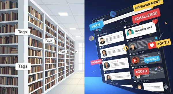 도서관처럼 정돈된 태그와 실시간 확산을 상징하는 해시태그를 대비해 표현한 일러스트로, 블로그 SEO와 소셜 미디어 태깅 전략을 한눈에 보여주는 대표 이미지