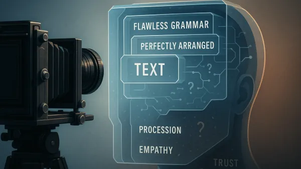 대형 카메라가 AI 내부 구조를 촬영하는 장면. 선명한 전면의 완벽한 문법과 텍스트에서 흐릿한 후면의 공허함으로 전환되며 표면적 완벽함 이면의 깊이 부재를 시각화한 에디토리얼 일러스트레이션.
