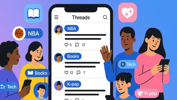 메타의 스레드 커뮤니티를 상징하는 이미지. 관심시 기반 피드 형태로 구성한 일러스트