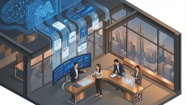 2026년 AI 기반 기업 뉴스룸에서 에이전틱 AI와 기자들이 협업하며 비즈니스 저널리즘을 생산하는 미래적 작업 환경