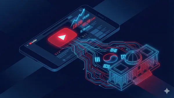 유튜브 화면에서 흘러나온 알고리즘 경로가 국회의사당으로 수렴하는 클릭테이터십 개념 일러스트