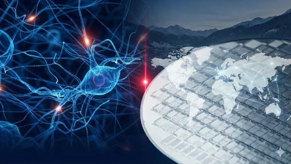 인공지능 신경망과 세계 지도가 겹쳐진 반도체 웨이퍼가 중앙의 붉은색 빛으로 수렴하는 모습을 담은 이미지. 배경에는 스위스 다보스의 눈 덮인 알프스 산맥이 희미하게 보인다. 이는 AI 기술과 지정학적 요소의 융합을 상징한다. 