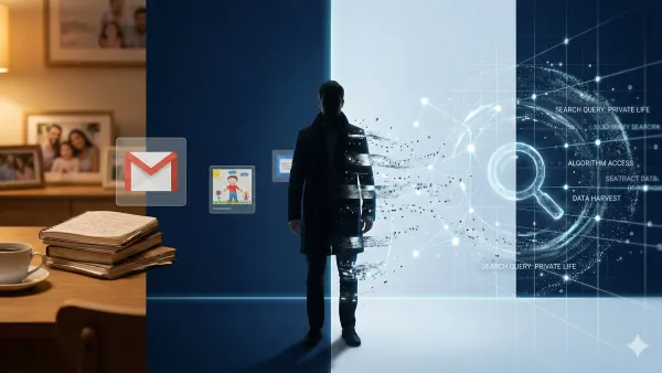 구글 개인 맞춤 지능의 개념을 표현한 이미지. 인간 실루엣이 개인 데이터와 알고리즘 패턴 사이에서 분해되며 검색 시스템으로 흡수되는 모습을 추상적으로 시각화