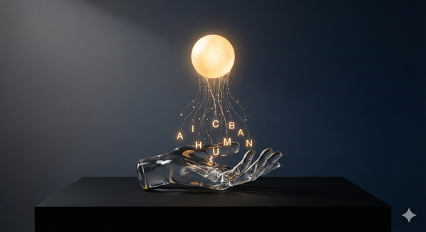 투명한 유리 손바닥 위에 떠 있는 빛나는 구체에서 한글로 된 추천 설명이 흘러내리는 모습을 표현한 예술 사진. SK텔레콤의 설명 가능한 AI 추천 기술 One Model 4.0의 개념을 시각화했다.