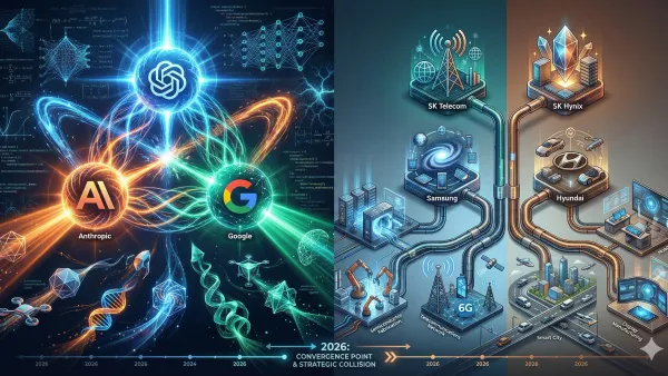 2026년 글로벌 AI 환경을 묘사한 미래지향적인 인포그래픽입니다. 이미지는 수직으로 양분되어 있으며, 왼쪽은 OpenAI, Anthropic, Google의 치열한 AI 모델 경쟁을 상징하는 빛나는 노드와 신경망, 데이터 흐름으로 가득 차 있습니다. 