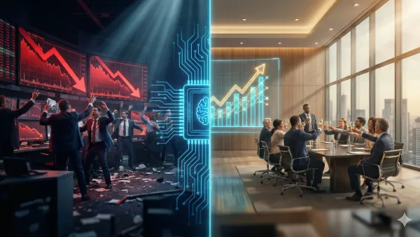 AI 자본 위기와 기회의 이면을 대조적으로 보여주는 시네마틱 분할 화면 이미지. 왼쪽은 주가 하락으로 혼란에 빠진 트레이더들을, 오른쪽은 AI 성장을 축하하는 비즈니스 임원들을 묘사하며 중앙의 푸른 AI 칩이 두 세계를 연결함.